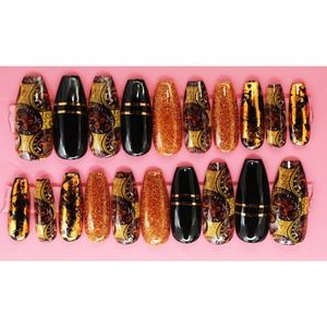Africa Gold Stripe Queen Long Coffin Gloss Finish Press On Nails Long